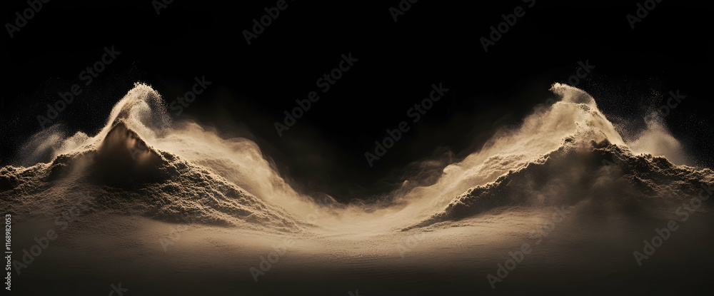 Poster in the center of an empty black background, sand particles float in space and form two dust clouds t