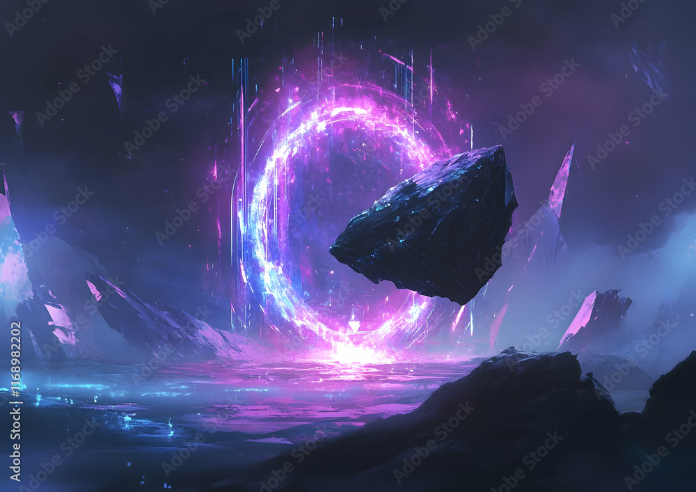 Poster an abstract dark background with an illuminated circular portal and glowing neon lights, featuring f