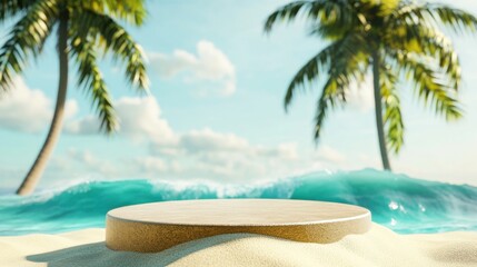 Tropical beach scene with sandy platform and palm trees for product display