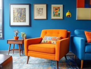 Orange Armchair and Blue Sofa in a Vibrant Room