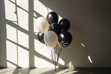 Black and white balloons against a wall with window shadows