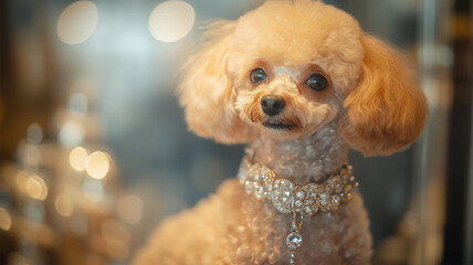 装飾されたリードを着けたトイプードルとサロンのガラスケース