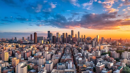 Obraz premium Vibrant cityscape at sunset, with skyscrapers and colorful skies