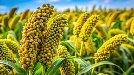 Sustainable agriculture thrives: a detailed view of unripe millet on an organic farm.