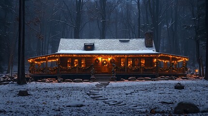 Snowy cabin in woods at night, decorated for Christmas.