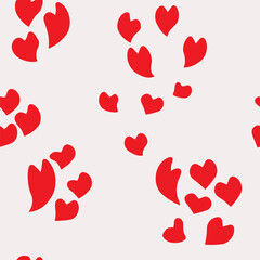 Seamless pattern with red hearts, heart shape isolated, flat design.