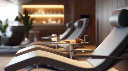 Luxurious relaxation area featuring lounge chairs, a small table with refreshments, and a warm ambiance, ideal for spa or wellness environments.