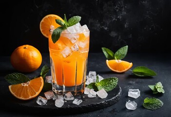 Fototapeta premium A cocktail with fresh mandarins, crushed ice, and mint leaves on a dark background