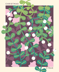A festive artwork showcasing intertwining green vines and white berries against a soft pink and purple backdrop, evoking the joyful spirit of Christmas. Perfect for seasonal cheer