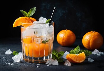 A cocktail with fresh mandarins, crushed ice, and mint leaves on a dark background