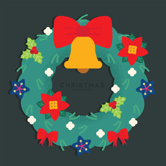 A festive Christmas wreath adorned with red bows, poinsettias, holly leaves, and a golden bell at the center, perfect for spreading holiday cheer!