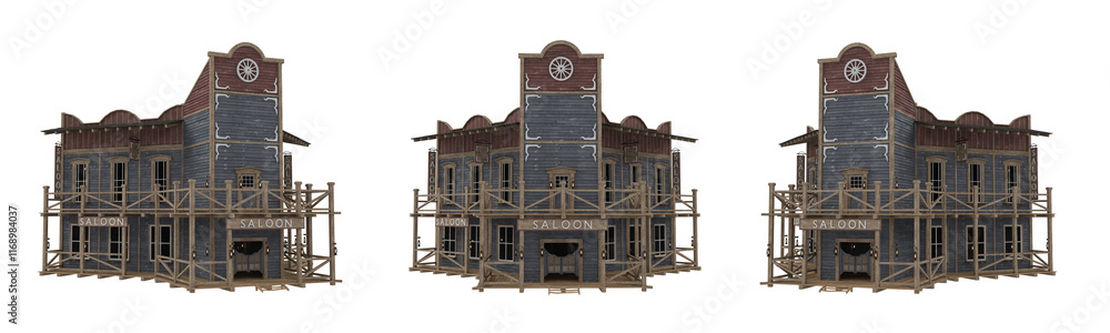 Poster old wild western two story saloon building with balcony. isolated 3d rendered illustration with 3 vi