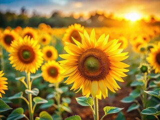 Fototapeta premium Tilt-shift magic transforms a sunflower field into a breathtaking miniature world.