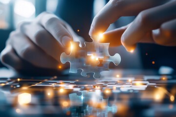 A futuristic office with a holographic puzzle being completed by businesspeople, representing cutting-edge teamwork