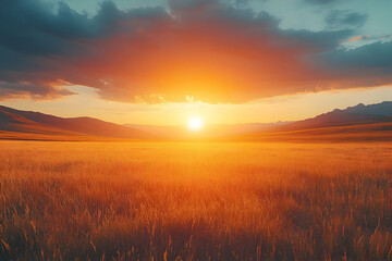 Fototapeta premium Vibrant sunset over golden wheat field and rolling hills.