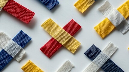 Colorful fabric crosses arranged in a pattern on white background.