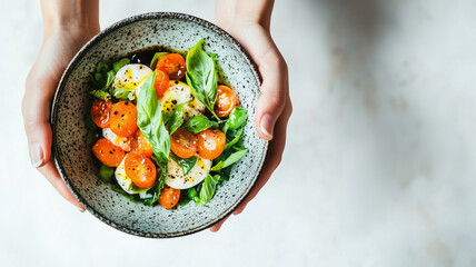 手で持つイタリア風カプレーゼサラダ