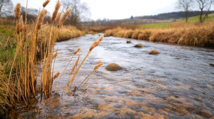 Obraz premium Single reed swaying in the wind beside a quiet stream, nature s rhythm on display, patience, calm, mindfulness