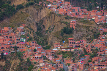 Panoramic view of the city of La Paz with the iconic Illimani mountain in the background, Bolivia