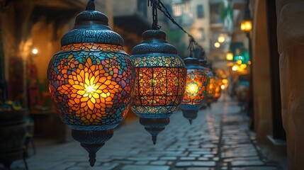 Colorful mosaic lanterns illuminate a narrow street.