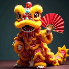 Fototapeta premium Vibrant lion dance costume, red fan; majestic pose , lunar new year, happy, golden