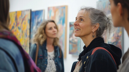 Mature caucasian woman admiring art in gallery with diverse group of adults, people 