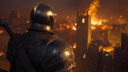 Fototapeta premium Medieval knight observing burning city at night, back view