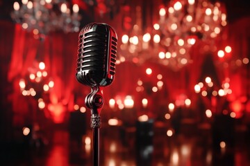 A gothic-themed karaoke night in a dimly lit bar, with a dark ornate microphone and glowing red lights
