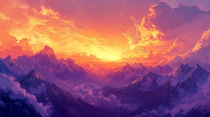 Sunset over majestic mountains nature landscape vibrant sky serene environment wide viewpoint for relaxation and inspiration