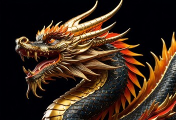 Obraz premium Majestic Golden Dragon Sculpture on Black Background. Generative AI