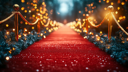 Christmas red carpet event with festive lights, glamorous christmas red carpet event in winter setting, sparkling christmas red carpet event walkway, winter gala entrance, exclusive holiday party