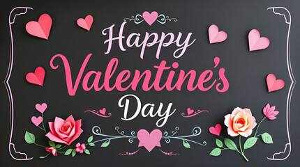 alentine's Day image with decorative hearts, roses, and the text "Happy Valentine's Day" centered on a dark background
