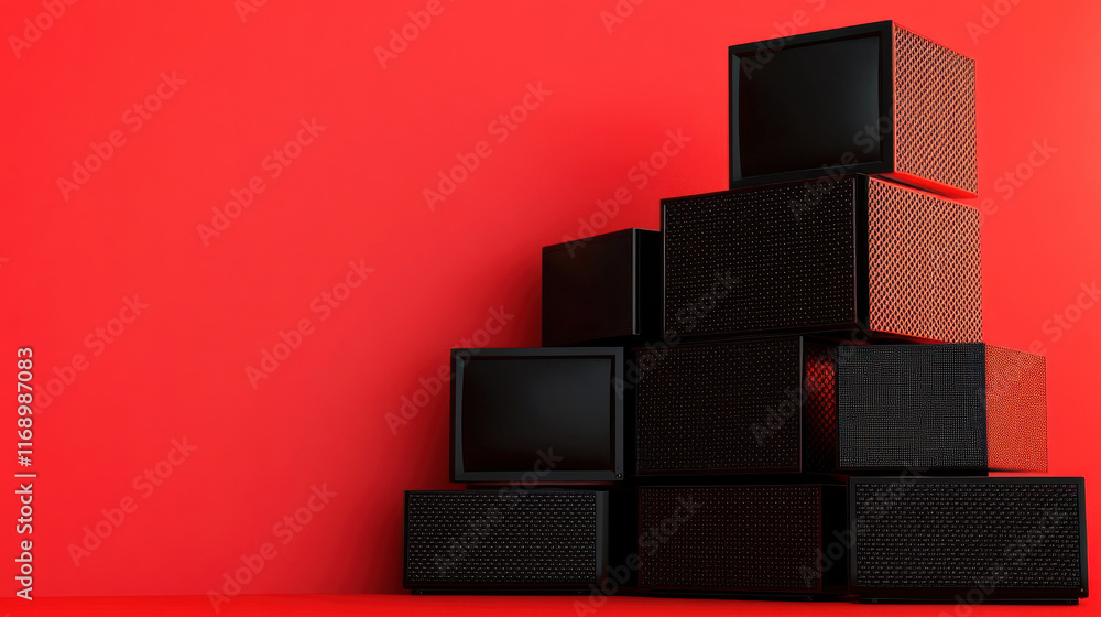 Aufkleber stack of black cube displays against bold red background with shadow play