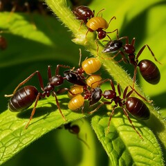 A scene of ants farming aphids, with vibrant colors and intricate details.
