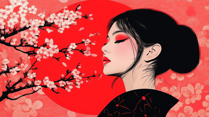 Asian female, woman in traditional attire with cherry blossoms and red circle background, Japanese culture