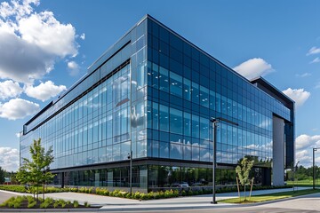modern office building with clean glass design and mirrored reflections on surface
