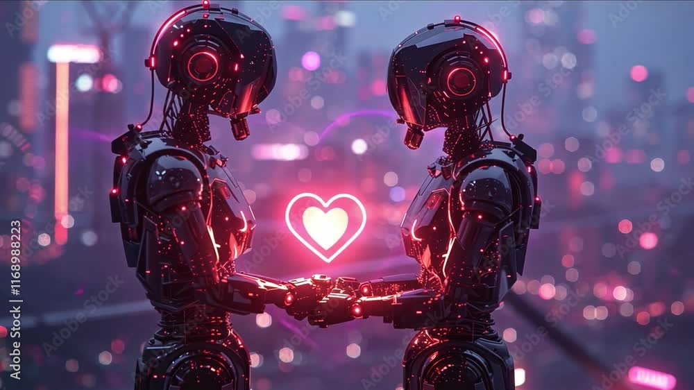 Poster two humanoid robots stand closely facing each other, holding a glowing heart between them while surr