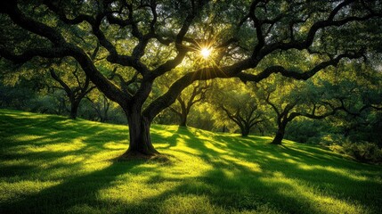 Fototapeta premium Sun shining through majestic oak trees on a grassy hill.