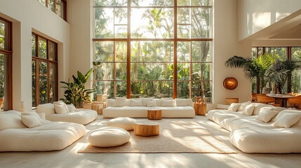 Serene Tropical Living Room with Floor-to-Ceiling Windows