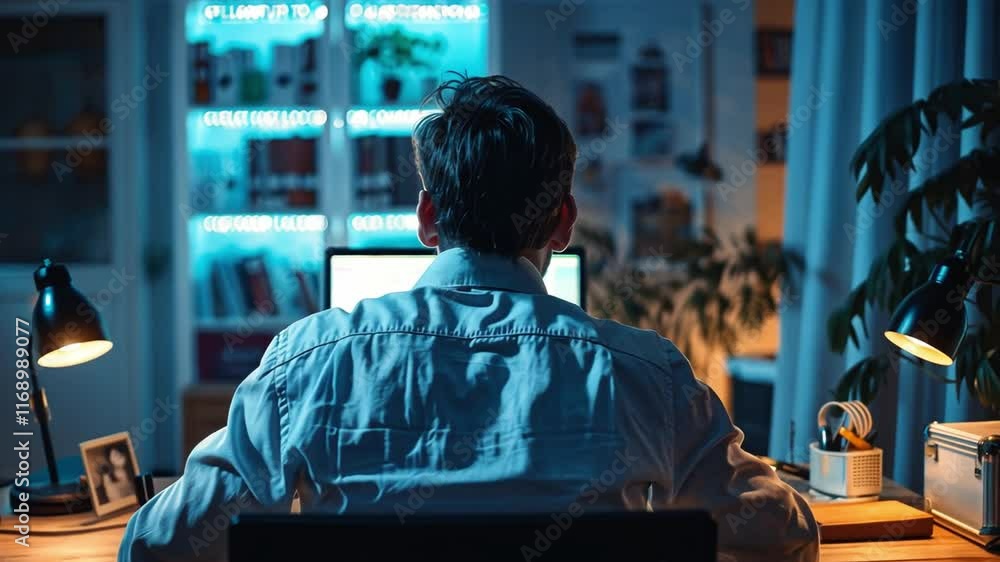 Aufkleber A person sits at a well-organized workspace, focused on a computer screen while surrounded by vibrant lighting and plants in a cozy home office setting at night.