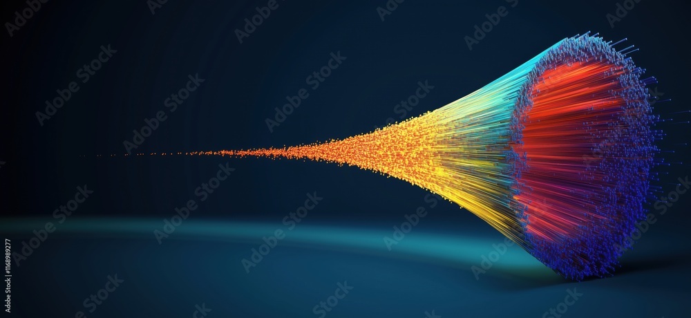 Poster colorful abstract 3d visualization of dynamic particle flow with gradient hues representing energy a