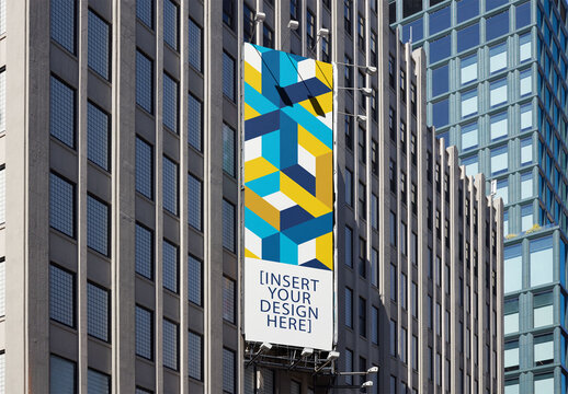 Vertical Billboard Mockup on Building in New York With Surrounding Architecture