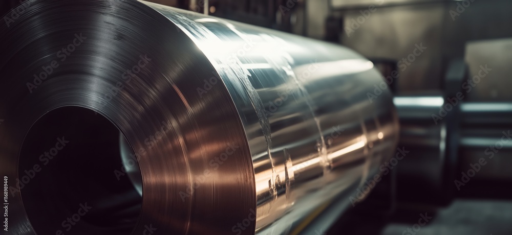 Poster shiny metallic rolls in industrial setting showcasing precision engineering and manufacturing proces