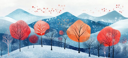 Colorful winter landscape with stylized trees and mountains, featuring vibrant red and orange foliage against a snowy backdrop, copy space for text