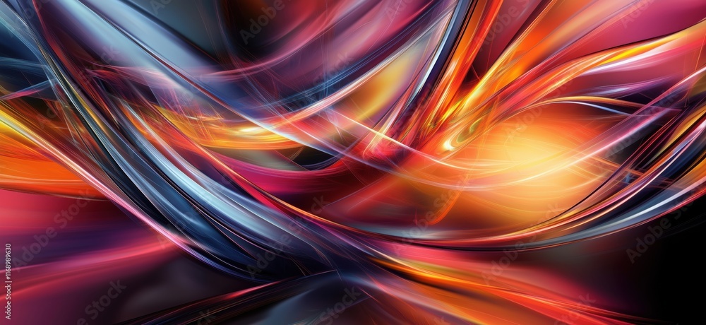 Poster vibrant abstract swirls of light and color in dynamic motion, featuring fluid lines and radiant hues
