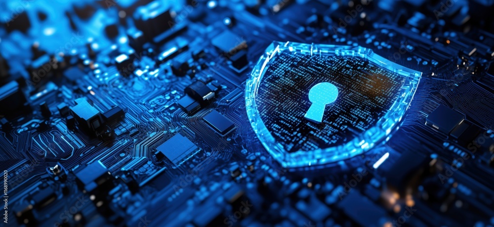 Poster digital security shield with keyhole symbol on circuit board background, representing cybersecurity 