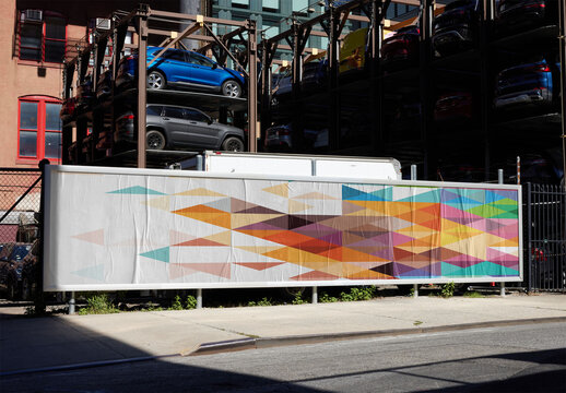 Mockup Billboard Design in New York in Urban Parking Structure. Wrinkled Paper texture, 