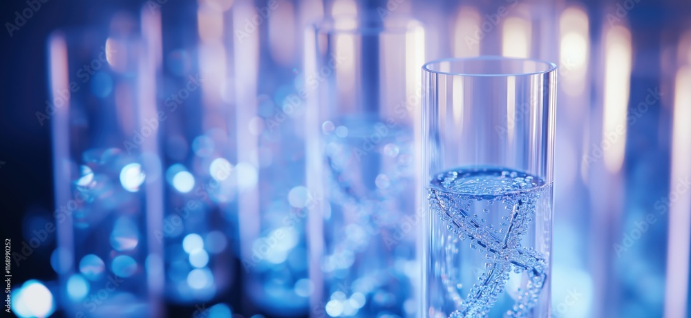 Aufkleber test tubes filled with clear liquid and bubbles, illuminated by soft blue light, creating a scientif