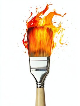 A paintbrush with flames, symbolizing creativity and passion, stands out against a white background, merging art with energy.