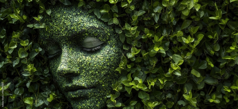 Poster greenery-covered face blending with nature, showcasing intricate leaf patterns and serene expression